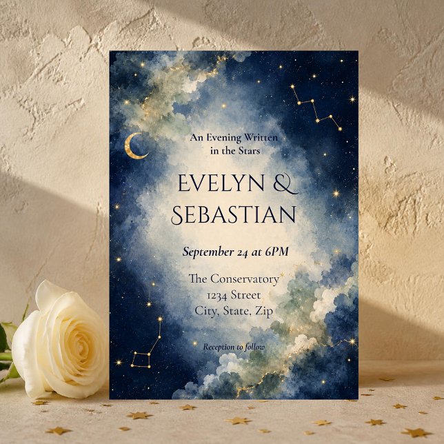 Convite de Casamento Celestial | Azul Noite Estrel (Romantic celestial wedding invitation featuring a dreamy watercolor night sky, soft blue clouds.)