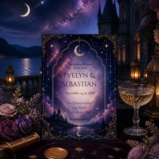 Convite de Casamento Celestial | Castelo ao Luar (Moonlit castle celestial wedding invitation with purple galaxy sky and elegant gold Art Deco details)