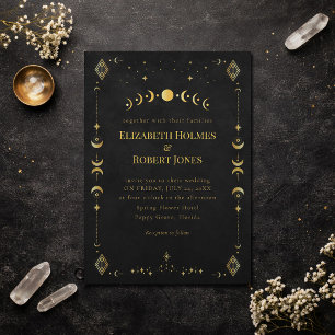 Convite de Casamento Celestial Gótico Preto e Dour