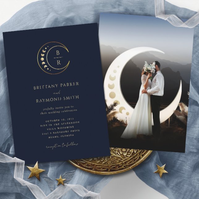 Convite de Casamento Celestial Lua Azul Dourada (Criador carregado)