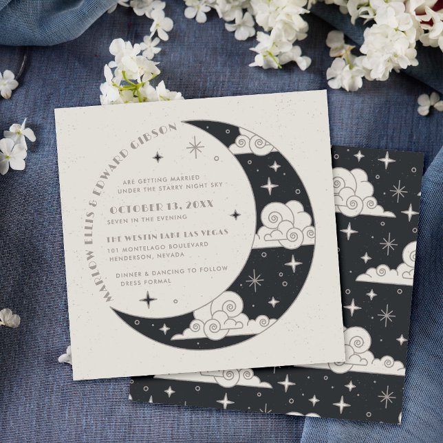 Convite de Casamento Celestial Lua e Estrelas Cinz (Criador carregado)