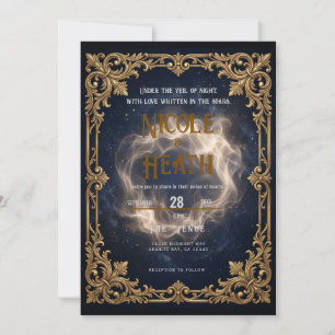 Convite de Casamento Celestial Navy Dourado de Lux