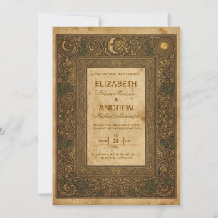 Convite de Casamento Celestial Vintage Dourado Ant
