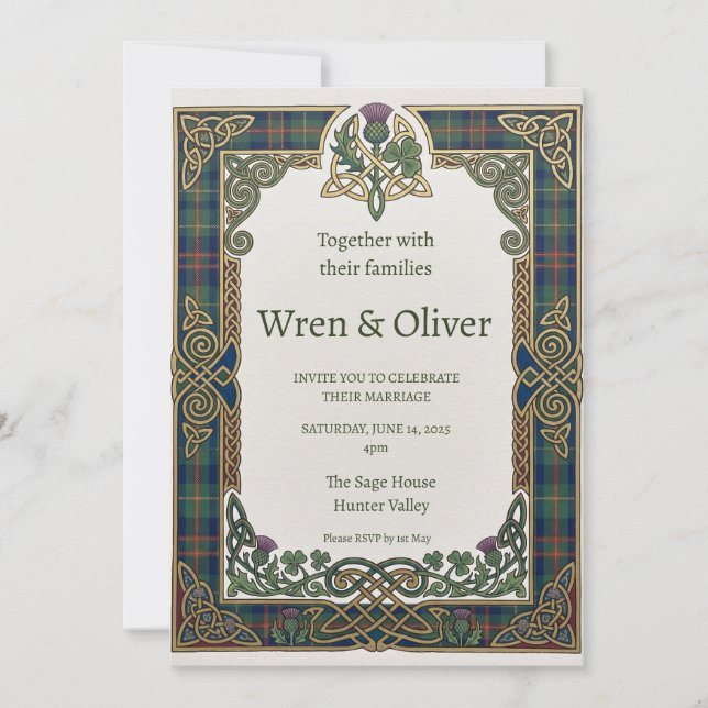 Convite de Casamento Celtic Tartan Thistle (Frente)