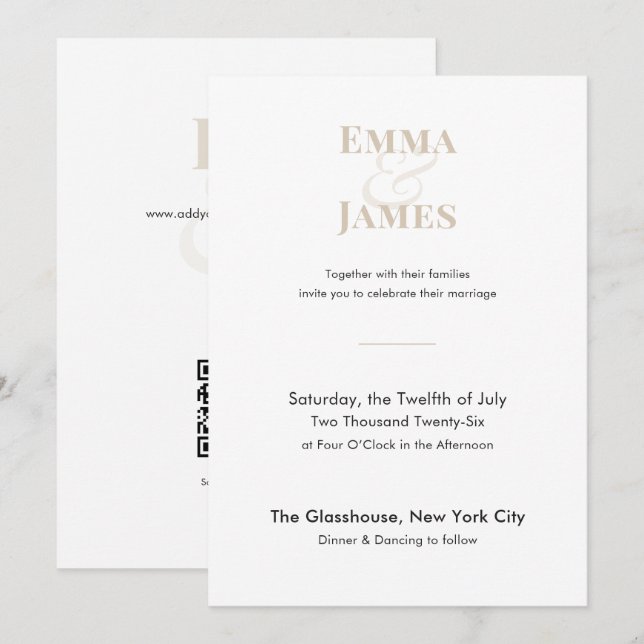 Convite de Casamento Champanhe Minimalista | Códig (Frente/Verso)