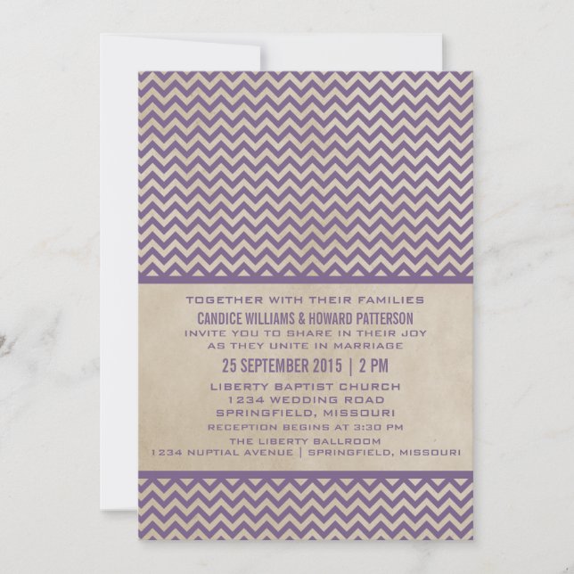 Convite de casamento Chevron Roxo (Frente)