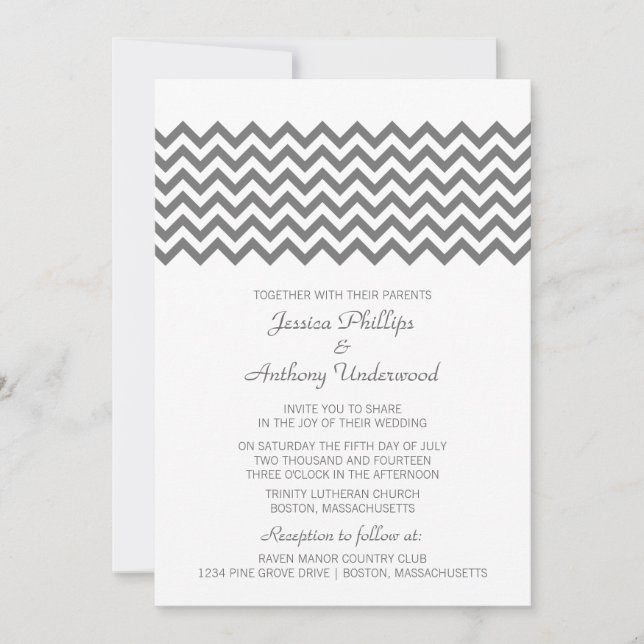 Convite de Casamento Chevron Simples Cinza (Frente)