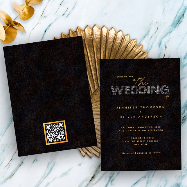 Convite de Casamento Chic Black Gold Com Código QR (Front / Back)