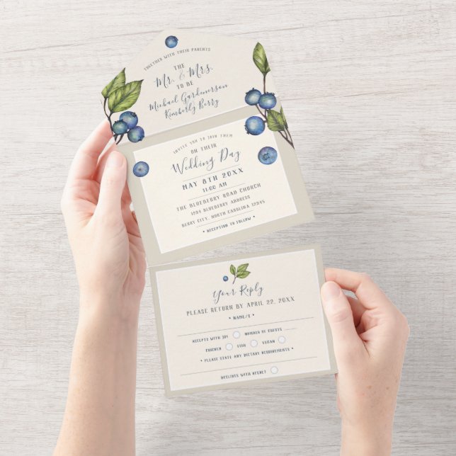 Convite de Casamento Chic Blueberries All in One (Tearaway)