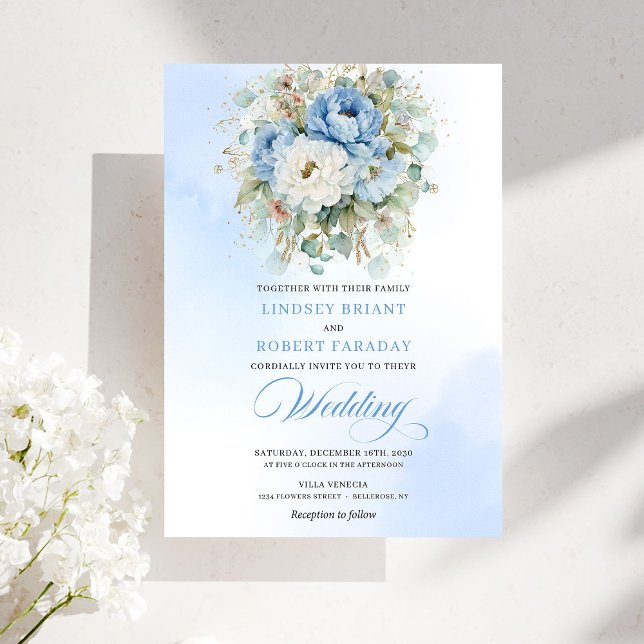 Convite de Casamento Chic Boho Dusty Blue Peony Do (Chic Boho Dusty Blue Peony Gold Wedding Invitation)