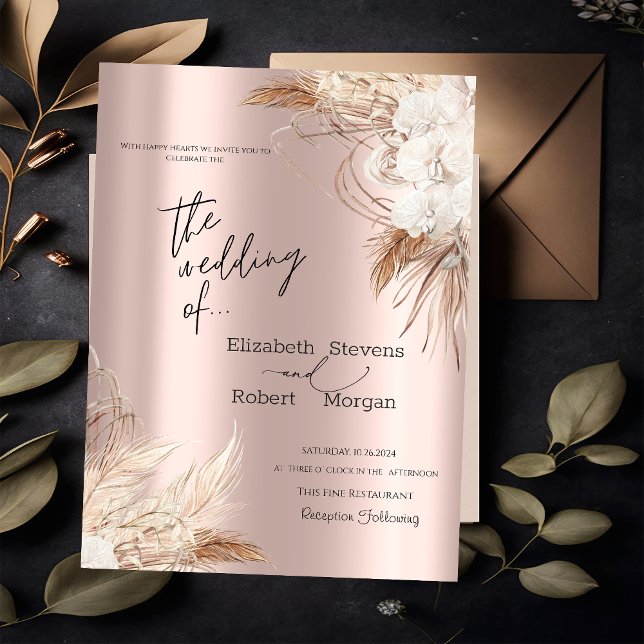 Convite de Casamento Chic Boho Flores Dourado Rosa (Criador carregado)