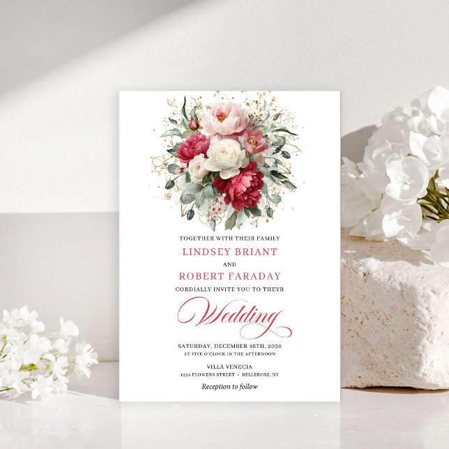 Convite de Casamento Chic Boho Vermelho Rubor Verd (Chic Boho Red Blush Greenery Wedding Invitation)