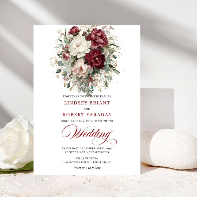 Convite de Casamento Chic Burgundy Branco Eucalipt (Chic Burgundy White Eucalyptus Wedding Invitation)