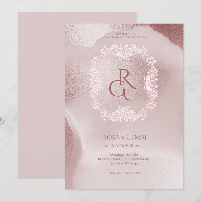 Convite de Casamento Chic Elegante Rosa (Frente/Verso)