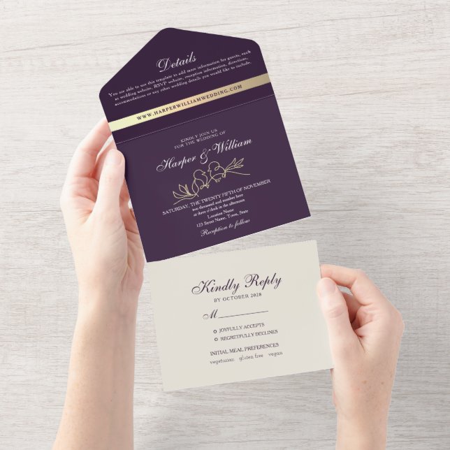 Convite de Casamento Chic Purple Tudo em Um (Aba destacável)