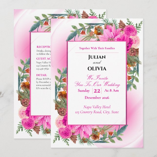 Convite de Casamento Chic Rosa e Pinha (Frente/Verso)