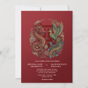 Convite de Casamento Chinês Dragão Dourado Fênix