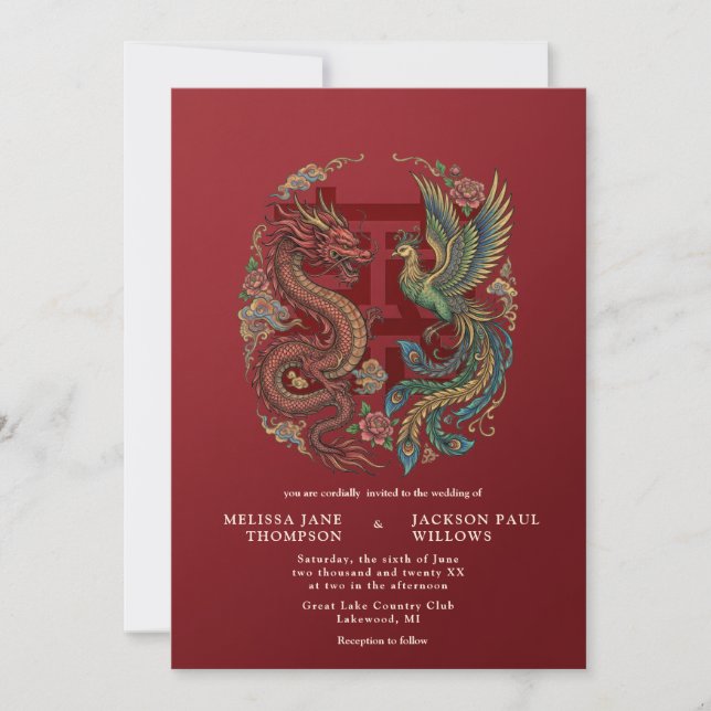 Convite de Casamento Chinês Dragão Dourado Fênix (Frente)