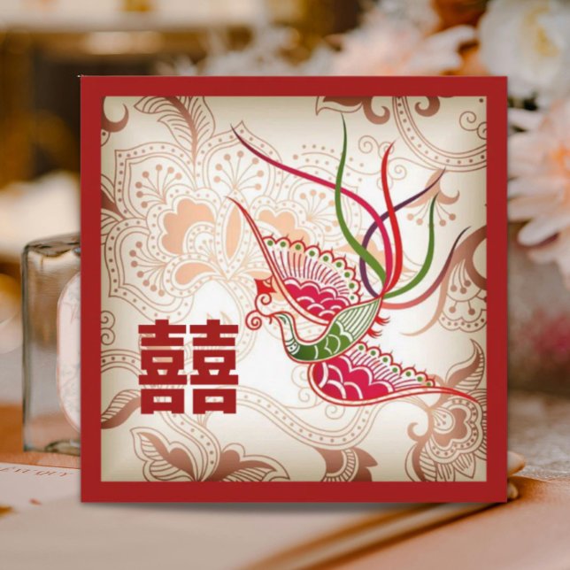 Convite de Casamento Chinês Fenix Vermelha Vintage (Vintage Red Phoenix Chinese Wedding Invitation)