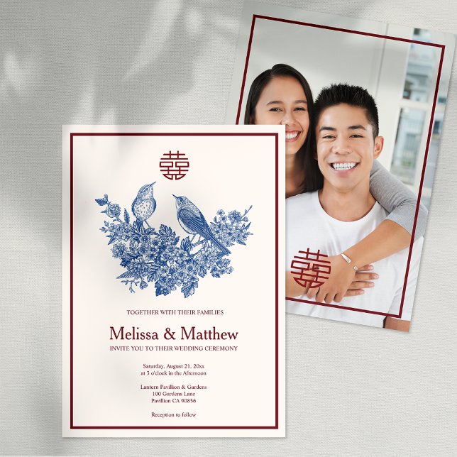Convite de Casamento Chinês Floral Elegante da Peg (Elegant Magpie Floral Chinese Wedding Invitation)