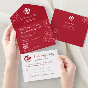 Convite de Casamento Chinês Floral Elegante Tudo e