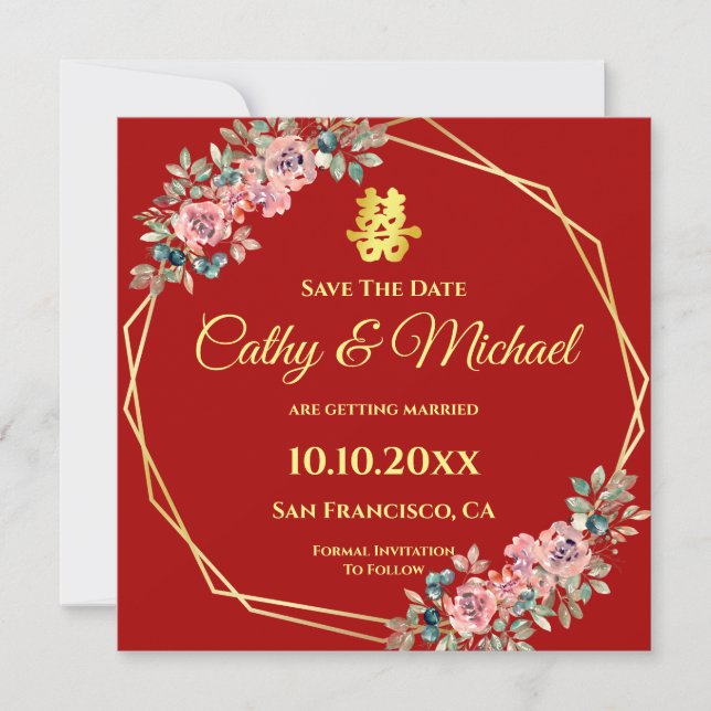 Convite de casamento chinês geométrico floral verm (Frente)