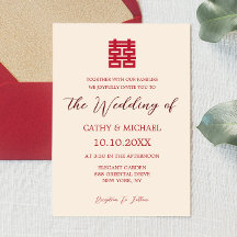 Convite de casamento chinês moderno bege vermelho 
