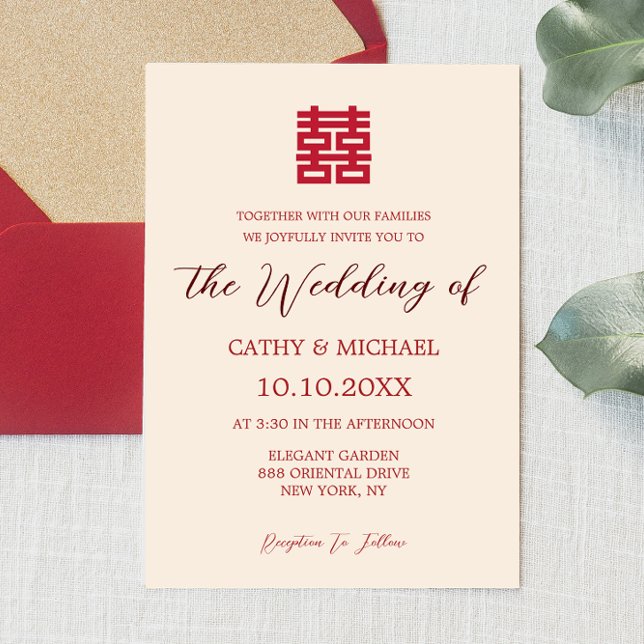 Convite de casamento chinês moderno bege vermelho  (Criador carregado)