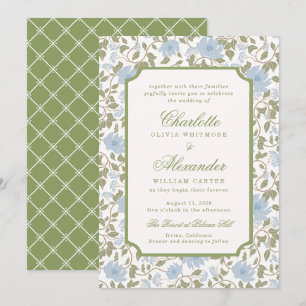 Convite de Casamento Chintz Lotus Floral Sage Azul