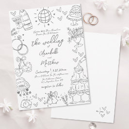 Convite de Casamento Cinza Caprichoso Desenhado à