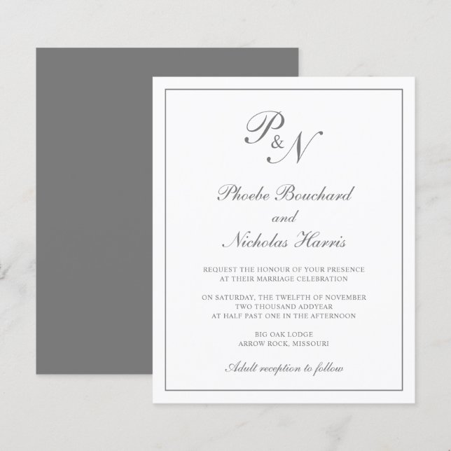 Convite de Casamento Cinza Clássico Elegante e Eco (Frente/Verso)
