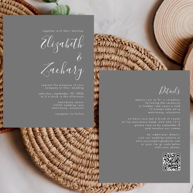 Convite de Casamento Cinza Código QR Moderno Orçam (Criador carregado)