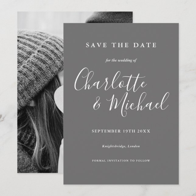 Convite de casamento cinza e branco com foto para  (Frente/Verso)