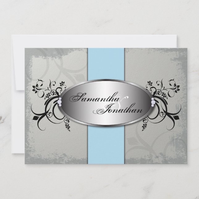 Convite De Casamento Cinza Elegante Azul Com Idade (Frente)
