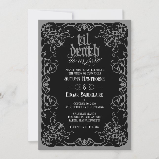 Convite de Casamento Cinza Preto Til Death Gótico (Frente)