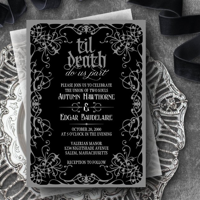 Convite de Casamento Cinza Preto Til Death Gótico (Criador carregado)