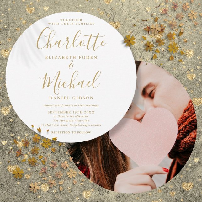 Convite de Casamento Circular com Foto e Letra Dou (Gold Signature Script Circular Photo Wedding Invitation)