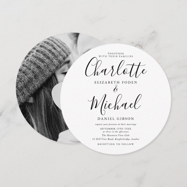 Convite de Casamento Circular com Foto Preto e Bra (Frente/Verso)
