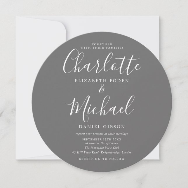 Convite de Casamento Circular Foto Cinza Rótulo de (Frente)