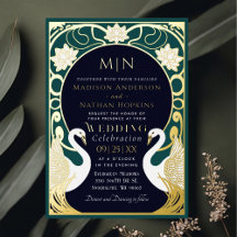 Convite de Casamento Cisnes Art Nouveau Elegante