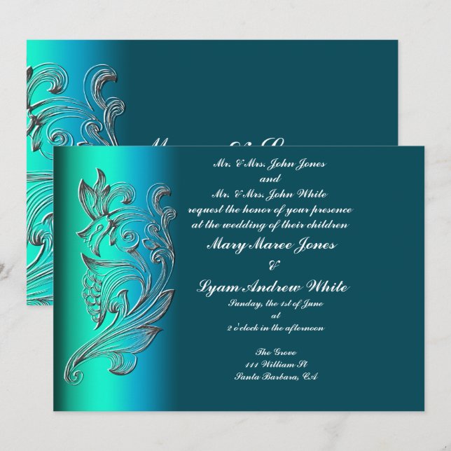 Convite de casamento clássico aqua relevado (Frente/Verso)