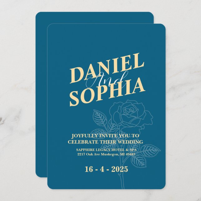 Convite de casamento clássico azul (Frente/Verso)