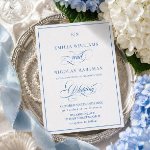 Convite de Casamento Clássico Azul Branco Monogram