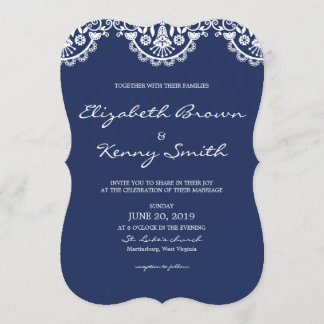 Convite de Casamento Clássico Azul Marinho com Ren