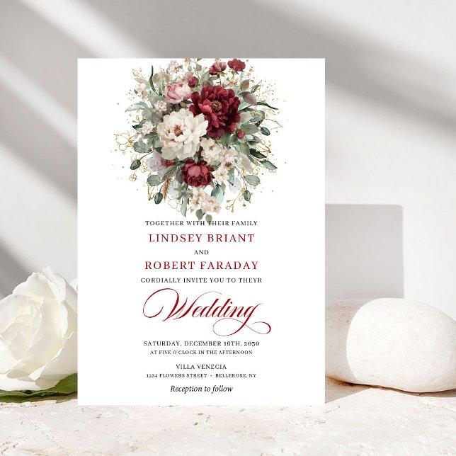 Convite de Casamento Clássico Burgundy Branco Flor (Classic Burgundy White Floral Gold Wedding Invite)