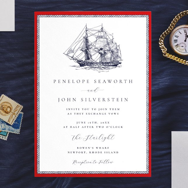 Convite de Casamento Clássico com Corda Vermelha d (Nautical Ship Red Rope Frame Classic Wedding Invitation)