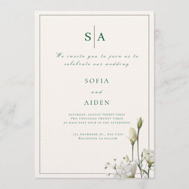 convite de casamento clássico com floral branco e  (Frente)