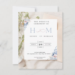 Convite de casamento, clássico com flores azuis