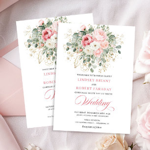 Convite de Casamento Clássico com Peônias Rosa e V