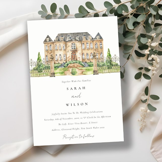 Convite de casamento Clássico de Chateau Watercolo (Criador carregado)